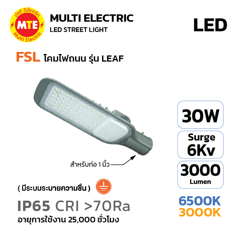 FSL LED Streetlight โคมไฟถนน LED แบรนด์ FSL รุ่น LEAF 30W 6500K, 3000K