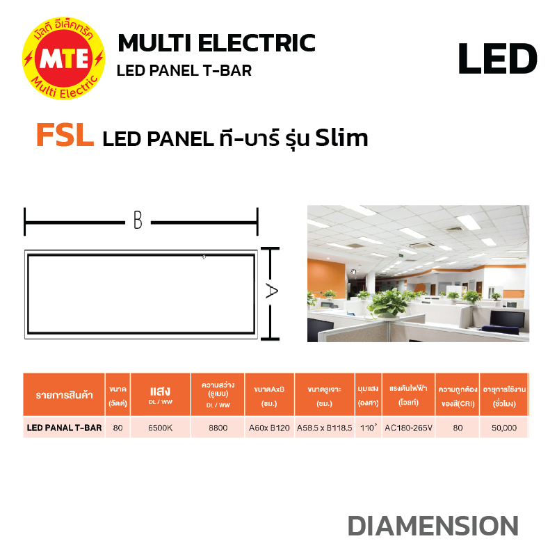 โคมไฟ FSL LED PANEL ฝังฝ้า-ทีบาร์-ติดลอย รุ่น SLIM 80W 60x120cm - Image 4