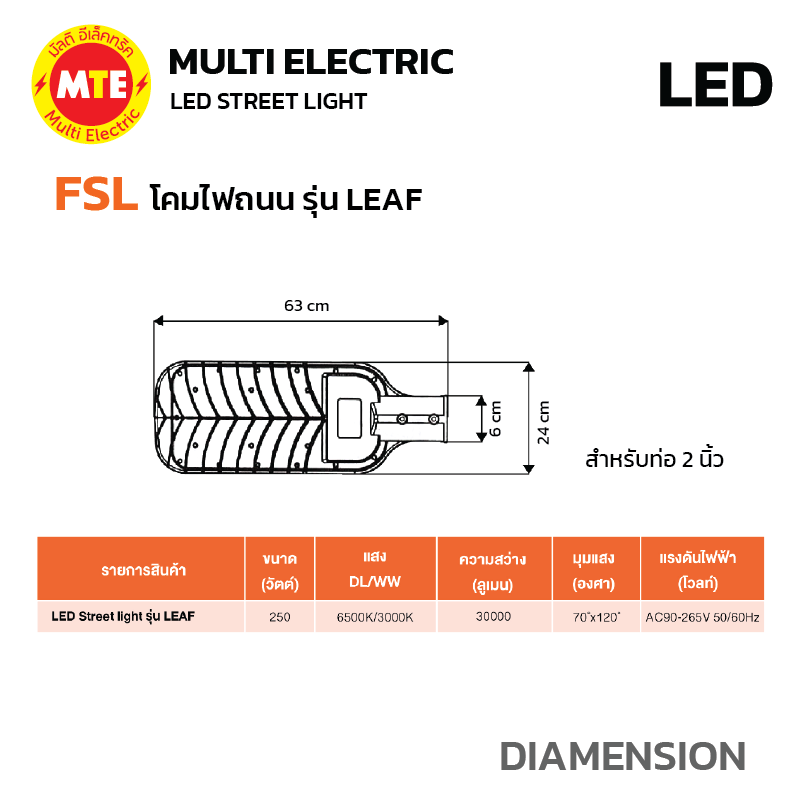 FSL LED Streetlight โคมไฟถนน LED แบรนด์ FSL รุ่น LEAF 250W 6500K, 3000K - Image 4