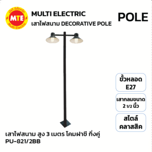 PU-821/2BB โคมไฟสนาม สูง 3 เมตร โคมฝาชี กิ่งคู่ สีดำ
