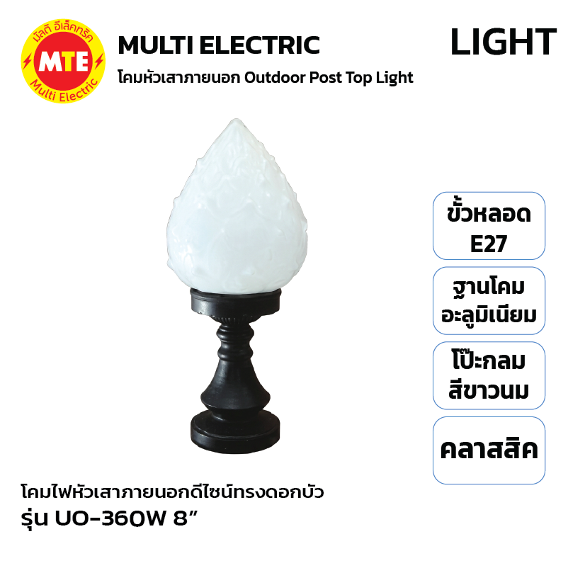 UO-360W 8” - โคมไฟหัวเสาภายนอกดีไซน์ทรงดอกบัวคลาสสิก