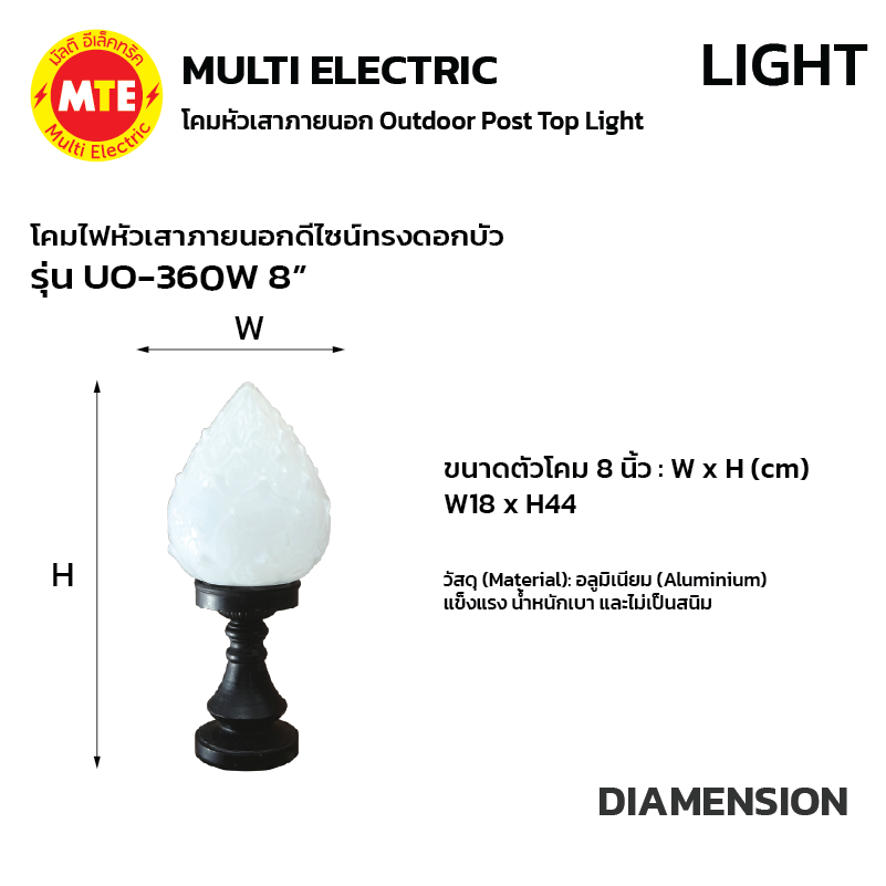 UO-360W 8” - โคมไฟหัวเสาภายนอกดีไซน์ทรงดอกบัวคลาสสิก - Image 3